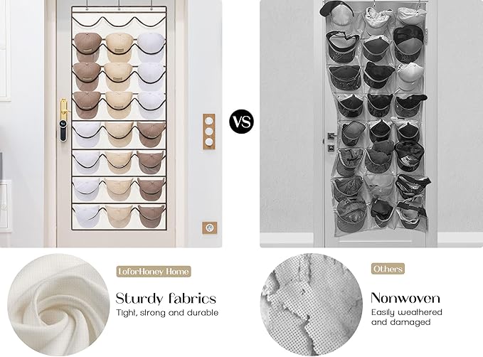 LoforHoney Hat Organizer for Baseball Caps, Over The Door Hat Rack with 24 Deep Pockets, 3 Hooks, Visible Hat Holder, Beige