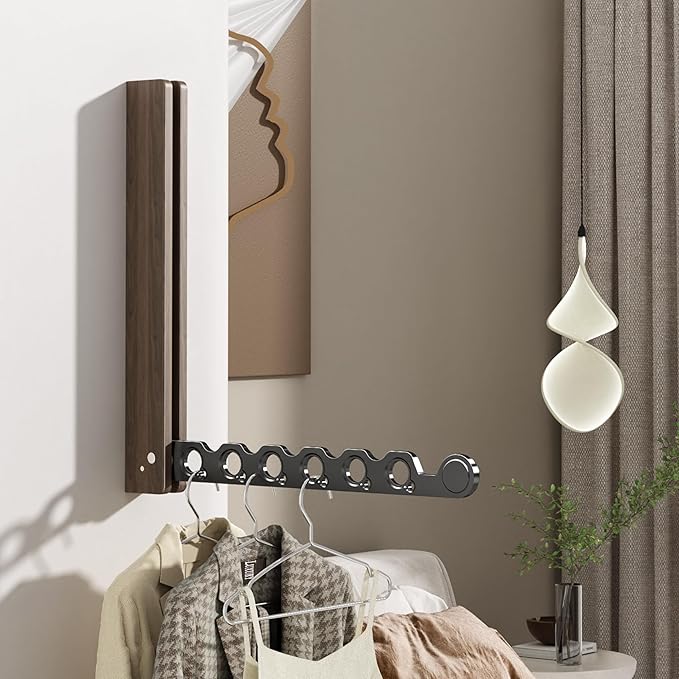 Natural Wood Folding Clothes Hanger Rack for Laundry Room, Wall Mounted Clothes Drying Rack, Laundry Drying Rack Foldable, Perfect for Small Spaces, Walnut Wood Black