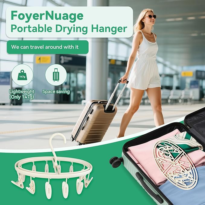 Premium Portable Travel Foldable Clothes Drying Hanger with 12 Clips, Anti-Rusty Plastic Drying Rack for Socks, Lingeries, Delicates and Baby Clothes