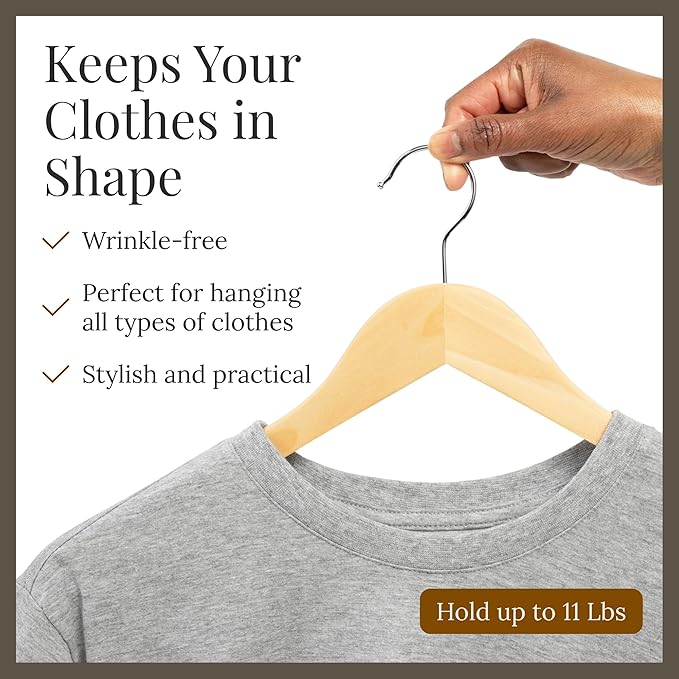 Wooden Clothes Hangers 10 Pack, Natural Wood Coat Hangers, Non-Slip Shoulder Grooves & Notches, 360° Swivel Chrome Hook, Space-Saving for Suits & Jackets, Closet Organizer - Hodge Home Essentials