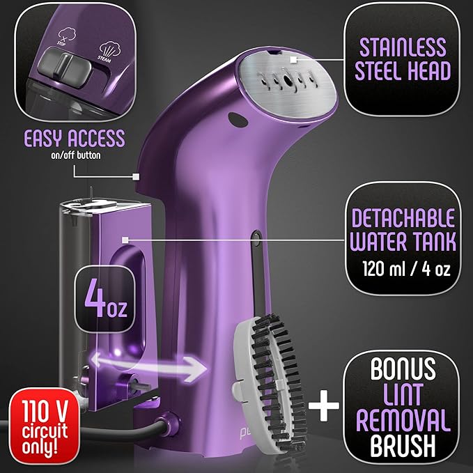 Portable Travel Garment Steamer for Clothes, Metal Steam Head, 25s Heat Up, Pump System, Mini Size, Handheld Steamer for Any Fabrics, No Water Spitting, 120V