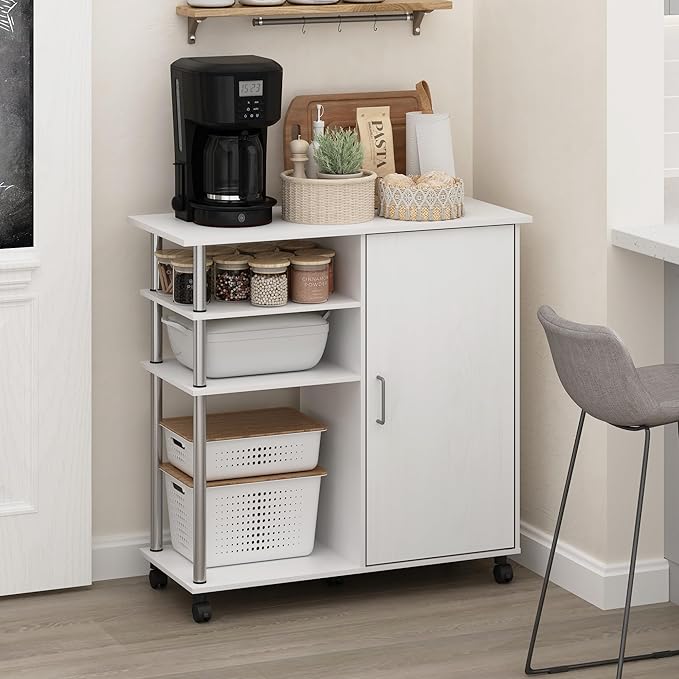 Furinno Helena Bakers Rack with Wheels, 4-Tier Rolling Kitchen Island, Kitchen Cart, with Closed Cabinet, Coffee Bar, Pantry Organizers and Storage, White Wood
