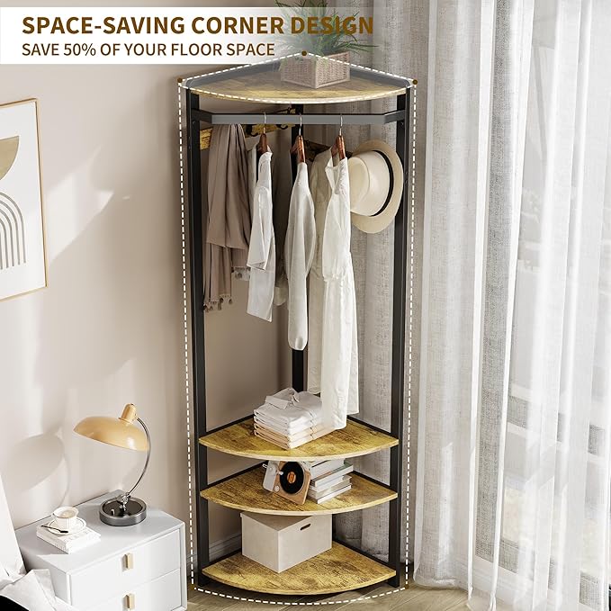 GarveeHome Corner Coat Rack With Shoe Bench for Entryway, Hall Tree With 6 Double Hooks, Clothes Rack With Storage and Organizer Shelf for Hallway, Closet