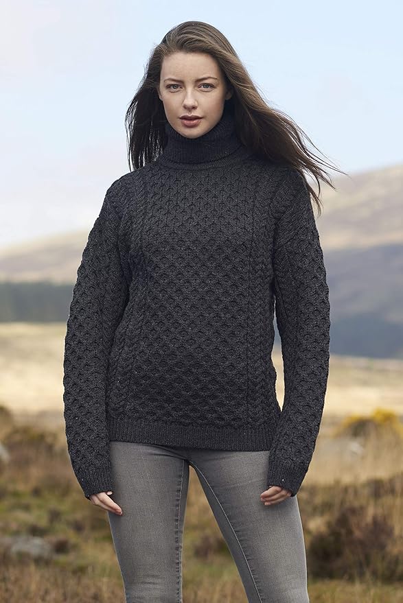 Aran Crafts Unisex Irish Cable Knitted Soft Roll Neck Sweater (100% Merino Wool)
