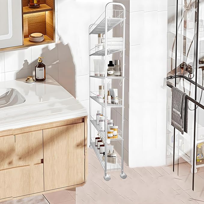 6in 6 Tier Slim Storage Cart with Wheels,Narrow Space Rolling Shelving Unit with Handle, Metal Wire Mobile Organizer Rack for Kitchen Bathroom Office Laundry