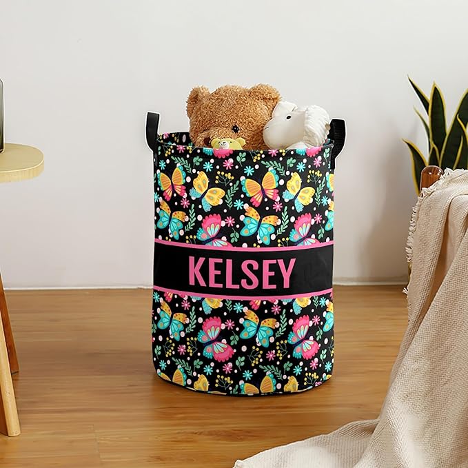 Large Custom Name Laundry Hamper, Butterfly Personalized Dirty Clothes Hamper Storage Basket with Name for Bathroom Bedrooms, Customized Name Circular Hamper with Handles for Baby Boys Girls Men Women