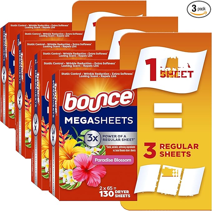 Bounce Mega Dryer Sheets Paradise Blossom | Anti-Static | 5-in-1 Benefits | 3x Static Fighting | 130 Sheets, Pack of 3