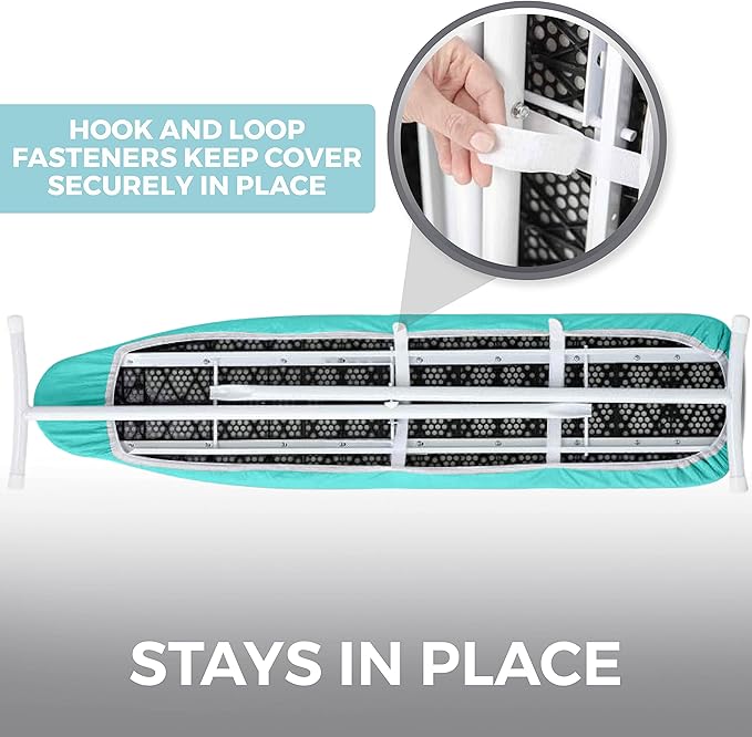 HOME GENIE Ironing Board Cover, Extra Thick Padding, Scorch Resistant Silicone Coating, 15x54 Elastic Edge Heavy Duty Iron Pad Covers Standard Boards, Hook and Loop Fastener Strap, Turquoise