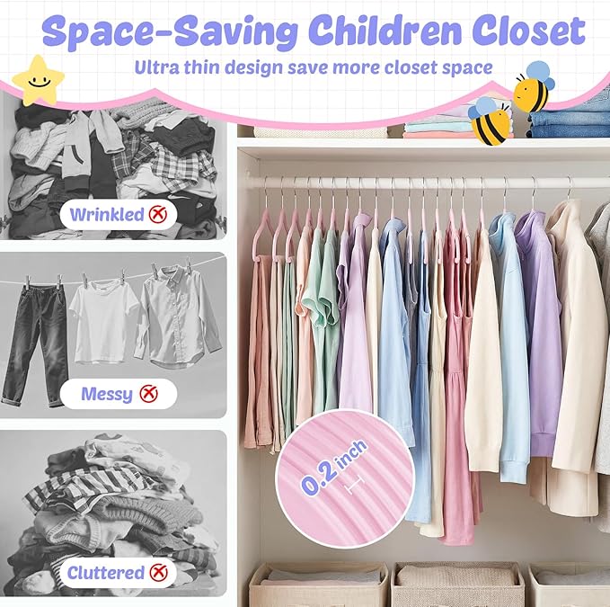 HOUSE DAY 13.5 Inch Kids Hangers 50 Pack - Premium ABS Plastic Clothes Hangers for Kids, Children, Preteens - Space Saving Thin Profile, Strong & Durable Hangers with 360° Swivel Hook - Pink