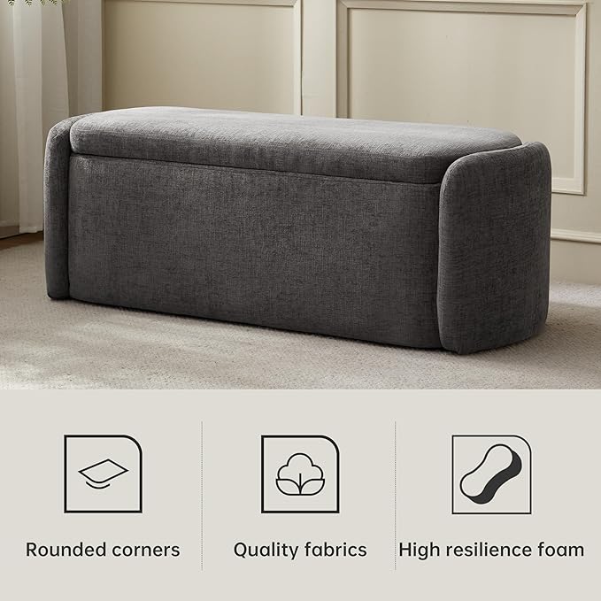 VKNOW Oval Storage Ottoman Bench, 46" Upholstered End of Bed Bench Ottomans Bench Foot Rest, Sherpa Storage Bench for Bedroom, Living Room and Hallway, Dark Grey