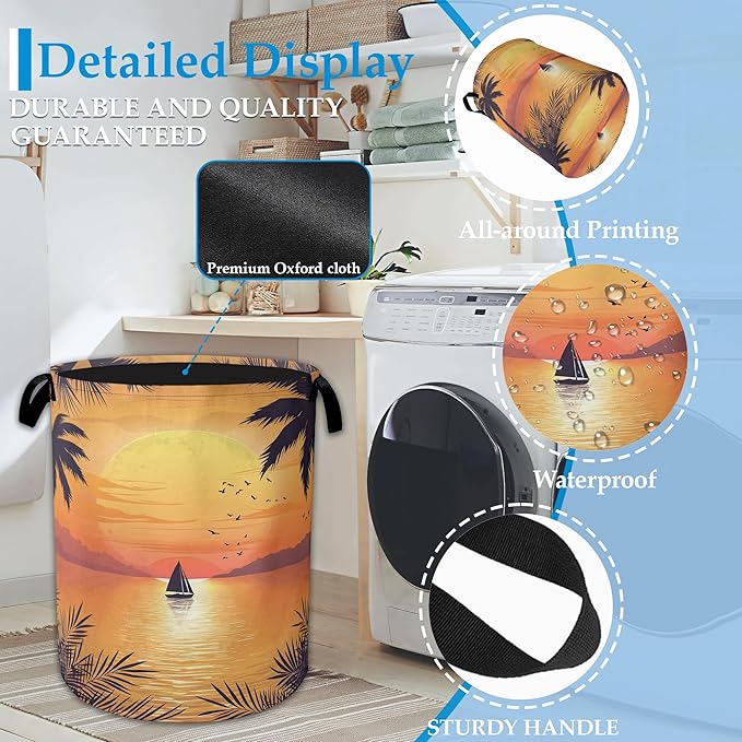 Tropical Palm Laundry Basket,Sunset Sea Beach Laundry Hamper, Collapsible Clothes Toy Storage Bin for Bathroom Bedroom Room Decor 16" X 20.8"