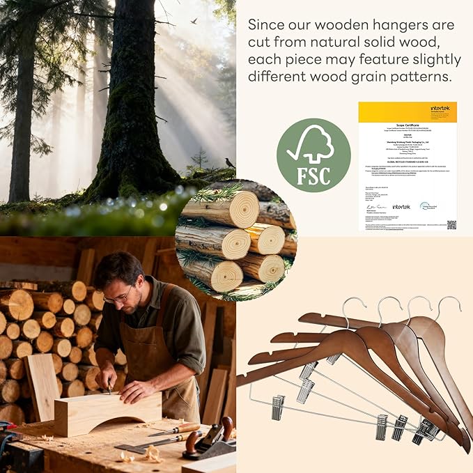 HOUSE DAY Wooden Hangers with Clips 24 Pack, Heavy Duty Walnut Wood Pants Hanger, Premium Skirt Hanger with Adjustable Clips, Solid Clip Hangers for Suit, Blouse, Dress, Coat, Jacket, Bottom