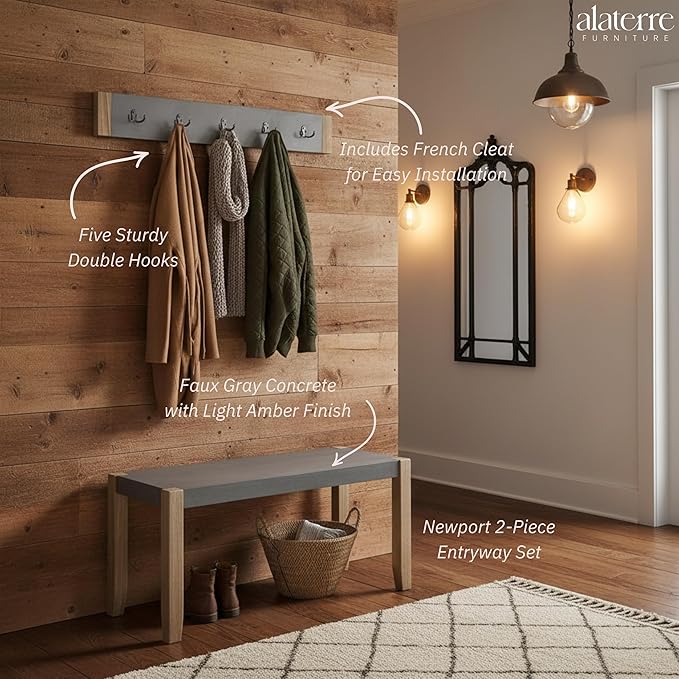 Alaterre Furniture Newport 40" Coat Hook and Faux Concrete Bench Set