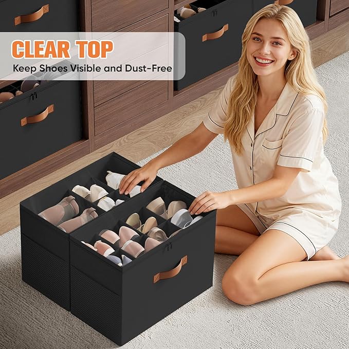 2 Pack Shoe Organizer for Closet,Foldable Shoe Storage Organizer with Adjustable Dividers, Shoe Storage Box with Clear Cover, Fits up to 16 Pairs, Black