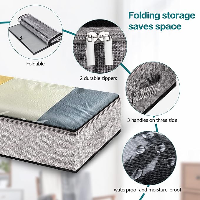 Underbed Storage Containers, Underbed Clothes Organizer Bins with Sturdy zipper, Foldable Under the Bed Storage Bags for Organizing Clothes, Shoes, Blankets, Quilts, Toys, 2 Pack Grey