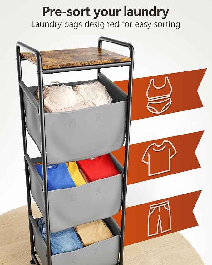 3 Section Laundry Sorter with Removable Bags, 120L Vertical Laundry Hamper with Shelf, Stackable Laundry Baskets organizer for Bathroom, Apartment, Dorm (Gray, With Shelf)