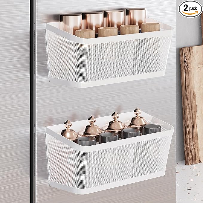 2Pcs Magnetic Spice Rack for Fridge Magnet Hanging Basket Holder for Seasonings Fruit Vegetables Coffee Beans Magnetic Organizer Shelf, Kitchen Refrigerator Organizers
