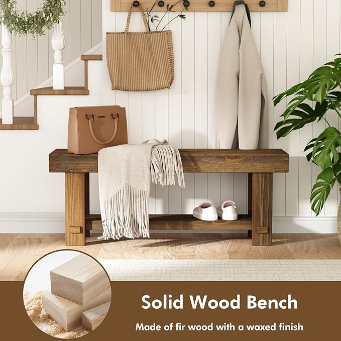 Solid Wood Entryway Bench - 42.6" Farmhouse Long Storage Benches, Narrow Bench Seat for Indoor, Entryway, Dining Room, Living Room, Bedroom and Hallway, Rustic Natural