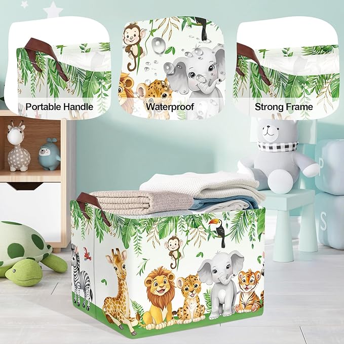 Jungle Animals Laundry Hamper Large Storage Basket Cartoon Wild Zoo Collapsible Parents Organizer Kids Toy Clothes Bins for Bedroom, Bathroom, Lion, 36L