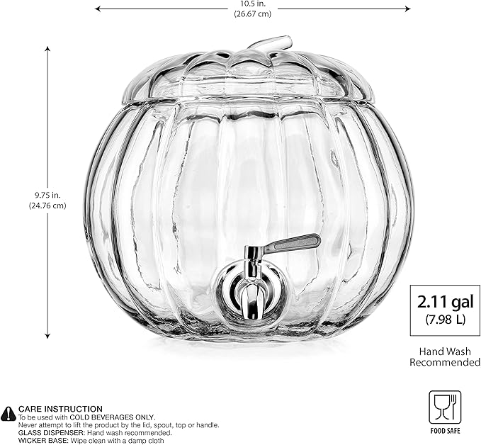 Home To Table 2.11 Gallon Clear Glass Pumpkin Ice Cold Jug Beverage Dispenser With Stainless Steel Easy Flow Spigot/Trick Or Treat Bowl Great For Outdoors, Parties, Bars & Daily Use