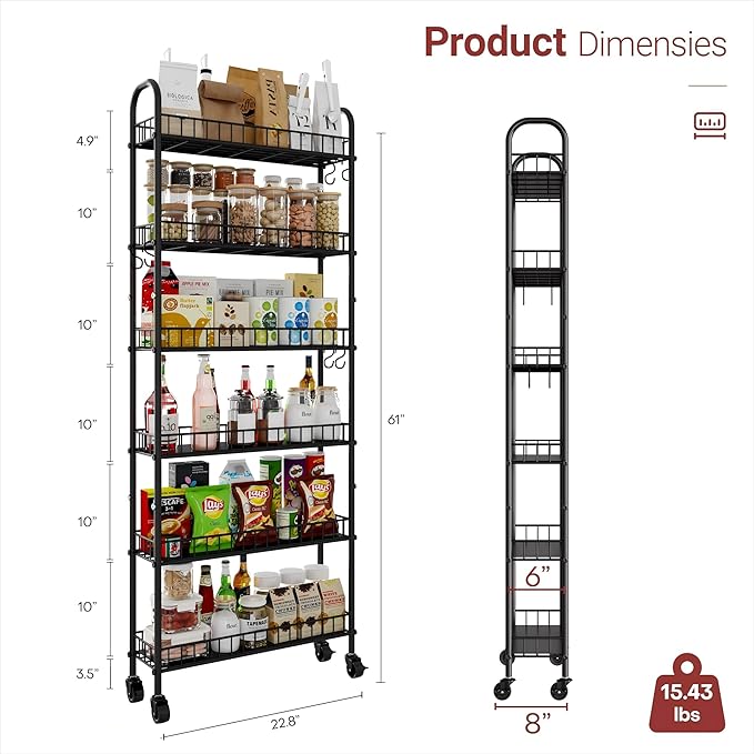 Slim Rolling Storage Cart with Wheels, 6-Tier Narrow Shelf Unit for Small Spaces, Metal Utility Cart, Skinny Storage Organizer for Bathroom Kitchen Laundry Room Narrow Places (Black)