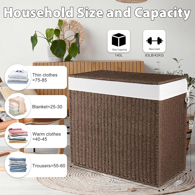 OIAHOMY Large Laundry Hamper with Lid, 35.7 Gal (140L) Wicker Hamper with Removable Liner Bag, Handwoven Clothes Basket with Handles, Foldable Paper Rope Basket for Laundry Room, Bedroom-Brown