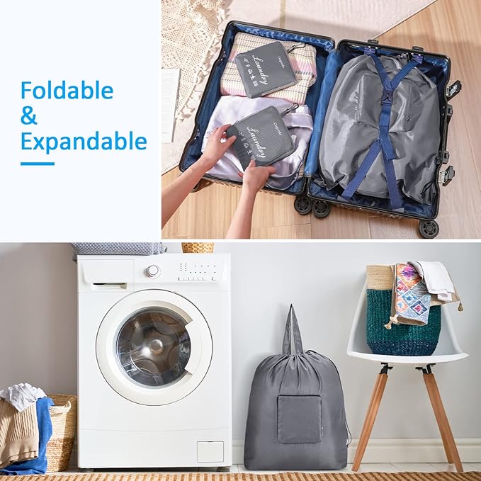 GOGOODA Smell Proof Travel Laundry Bags for Dirty Clothes, 2 Pack Large Foldable Laundry Bag with Carabiner & Handle, Heavy Duty Luggage Organizer for Gym, Sports, Camping - 21 x 24 in, Grey