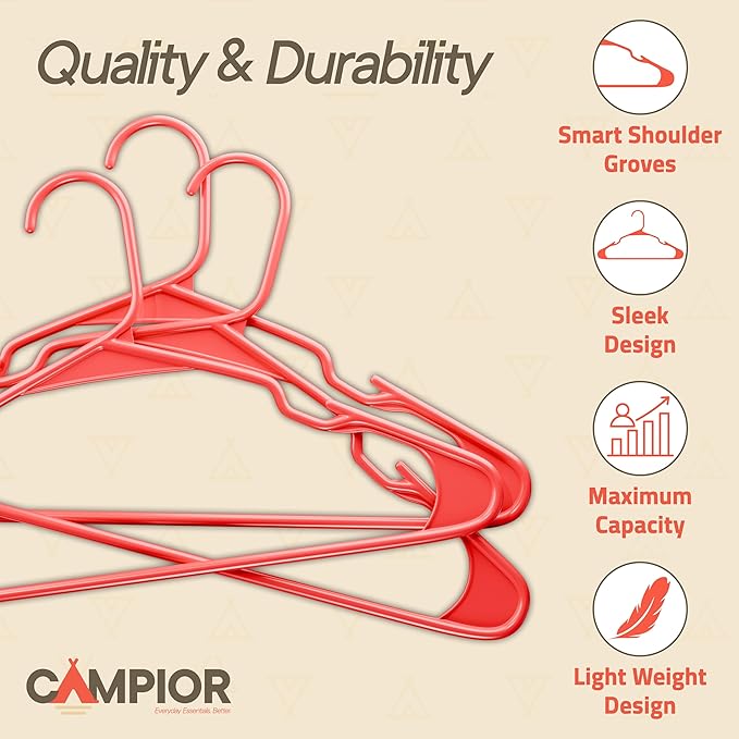 Plastic Clothes Hangers – Heavy Duty Hanger Set, for Organizing Clothes, Dresses, and Coat, Holds Up to 5 lbs, Space-Saving Hangers with Non-Slip Shoulder Grooves, Pack of 20, Red