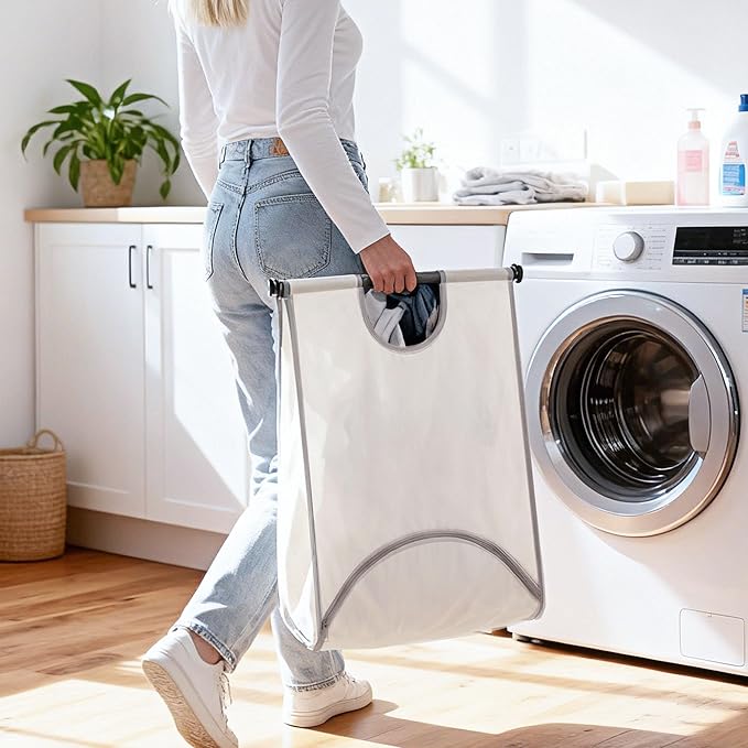 STORAGE MANIAC Wall Mount Laundry Hamper, Hanging Laundry Bag with Bottom Zipper Opening, Space Saver Dirty Clothes Hamper with Wall Anchor, Laundry Clothes Bin for College, Dorm, RV, White