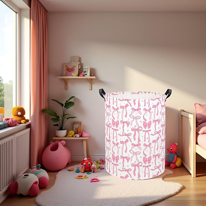 Baby Laundry Basket Kids Hamper Toy Storage Bin for Boys Room Decor Baby Nursery Hamper Gift Baskets for Bedroom Bathroom(Pink Bowknot)