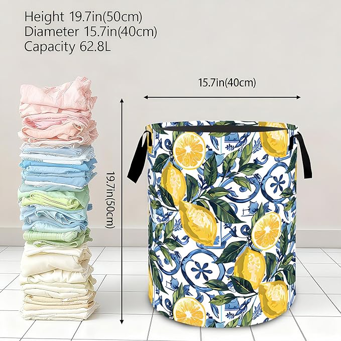 Vibrant Lemon Laundry Basket,Dirty Clothes Hamper,Yellow Fruit and Leaf Storage Bin,Nature Lovers Gifts,Waterproof Oxford Cloth Baskets for Bathroom,Bedroom,Home Decoration(19.7" x 15.8")
