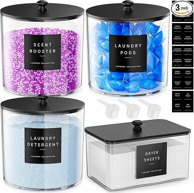 4 Pack Laundry Pods Container, Clear Laundry Room Organization Containers,Large Acrylic Detergent Powder Storage Containers Black Wooden Lids & Labels, Dryer Sheet Holder