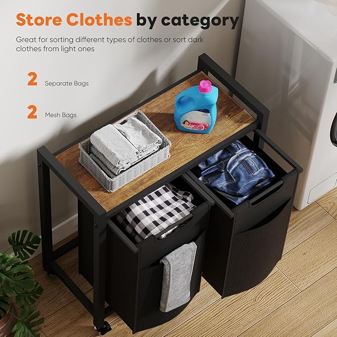 NEWBULIG Rolling Laundry Hamper with Removable Pull-Out Bag, Freestanding Clothes Basket Organizer with Wheels for Bathroom & Bedroom, 2 × 13.1 Gal (99L) - Rustic Brown & Black
