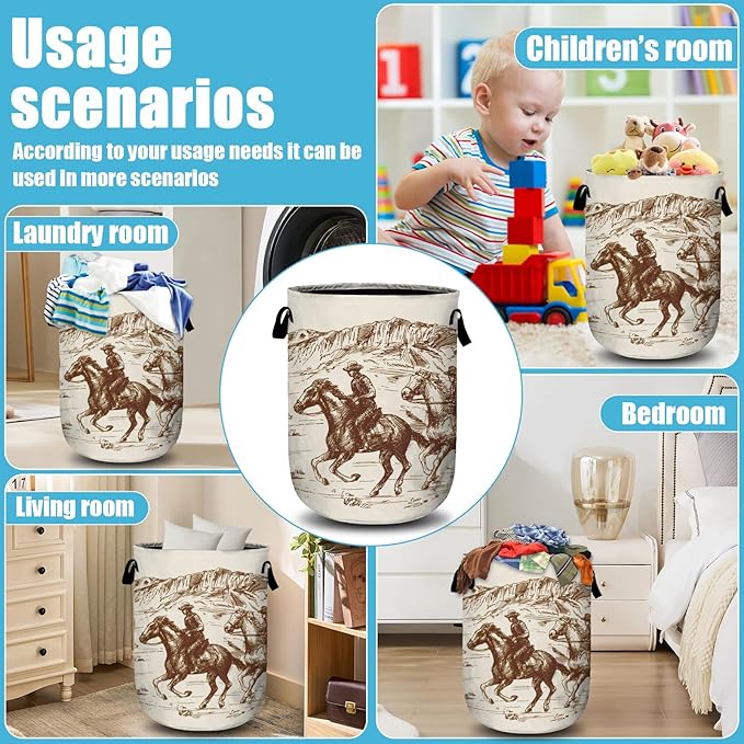 American Wild West Desert Cowboys Laundry Basket, Laundry Hamper Collapsible Oxford Cloth with Handle Clothes Toy Storage Bin for Bathroom Laundry Room Bedroom 15.7 X 20 Inch