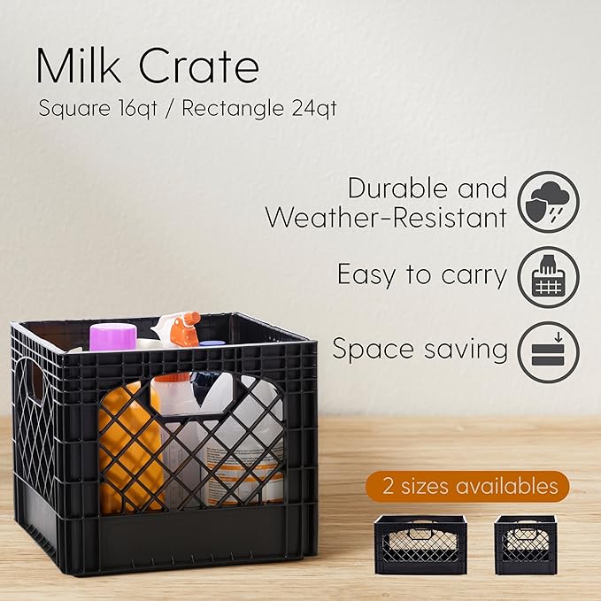 Plastic Milk Crate Storage Tote with Handles, 16-Quart Stackable Cube Organizer for Garage, Home, and Office, Made in the USA, 13" x 13" x 11" (1-Pack) - Black
