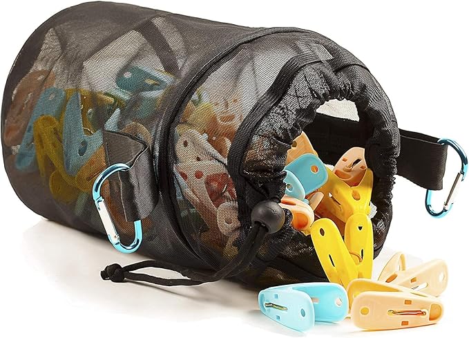 Mesh Clothespin Bag Holder Outside, Multiple Hanging Methods Clothes Pin Bag with Drawstring Closure, Ventilation and Moisture Resistance, Large-Capacity Clothespin Storage Organizer with Hooks