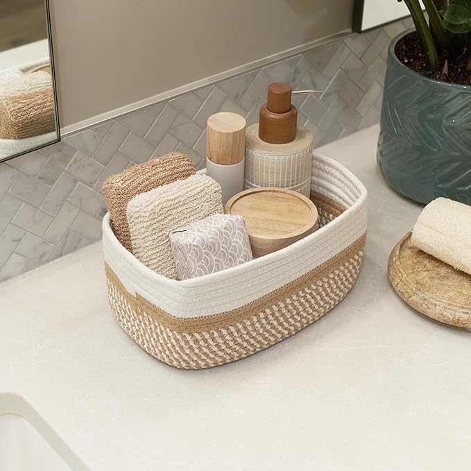 Beautiful Storage Basket Set of 3 - Sturdy Cotton Rope Baskets for Shelves Are Perfect for Organizing Your Home - Quality Storage Bins Easily Fit With Any Nursery or Bedroom Decor