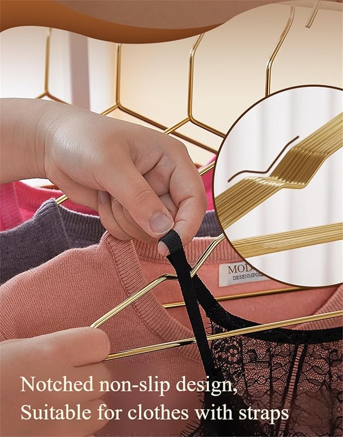 17 Inch Metal Clothes Hanger, 4.0mm Heavy Duty Shirt Blouse Hanger for Coat Suit Bridal Boutique, Space Saving Slim Wire Hanger for Camisole Trousers Wedding Dress（Gold 50pack）
