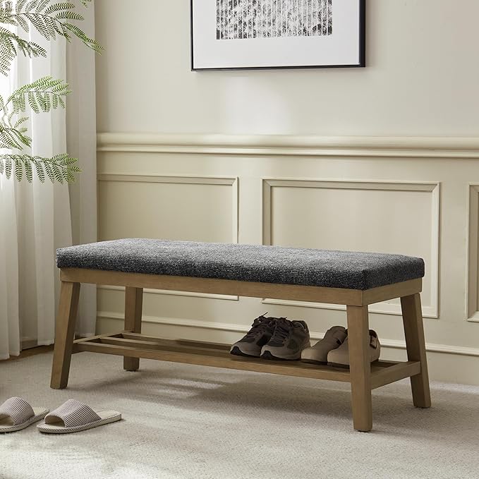 VKNOW Entryway Bench, 44.4" Upholstered Storage Shoe Bench for Entryway & Bedroom, Shoe Rack Bench with Rubberwood Legs, Modern End of Bed Bench for Living Room and Hallway, Black