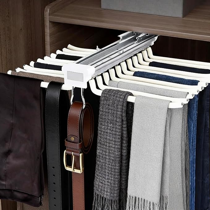 22 Arms Steel Slide Out Pants Rack Closet Pants Hanger Bar Pull Out Trousers Rack Tie Belts Scarf Racks, Top Mounted Wardrobe Clothes Organizers Rail Pull Out Closet Storage Rod-Beige