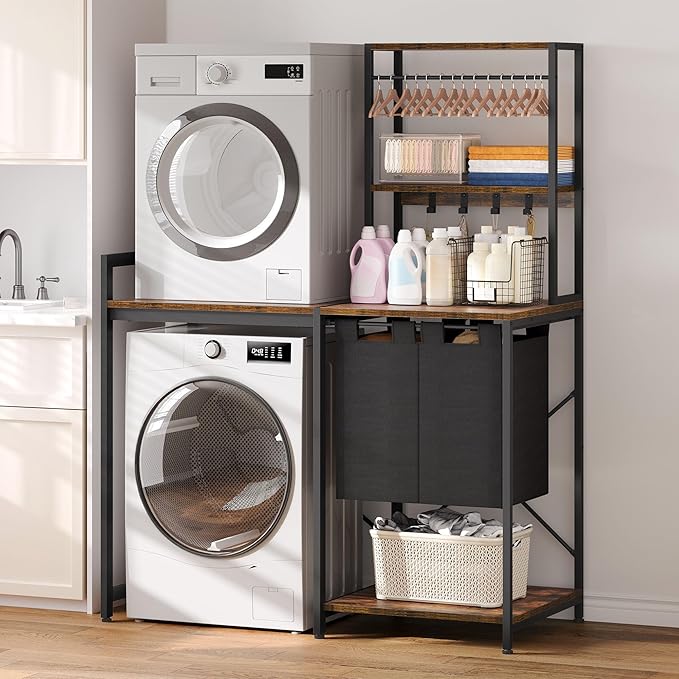 DWVO Over Washer and Dryer Shelves, Laundry Room Organization with Removable Pull-Out Hamper, Hanging Rods, Metal Hooks, Heavy-Duty Laundry Countertop with Non-Tipping Kits, Retro Color