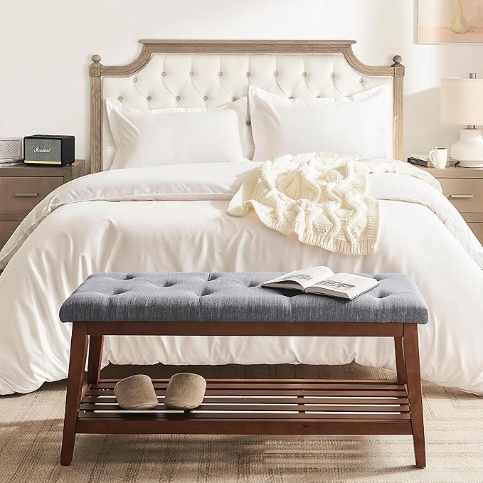 Upholstered Bench for Bedroom End of Bed,42.5-inch Entryway Bench for Living Room,Dining Bench with Padded Seat and Solid Wood Leg for Kitchen Bedroom,Indoor and Hallway (Shoe Bench, Grey)