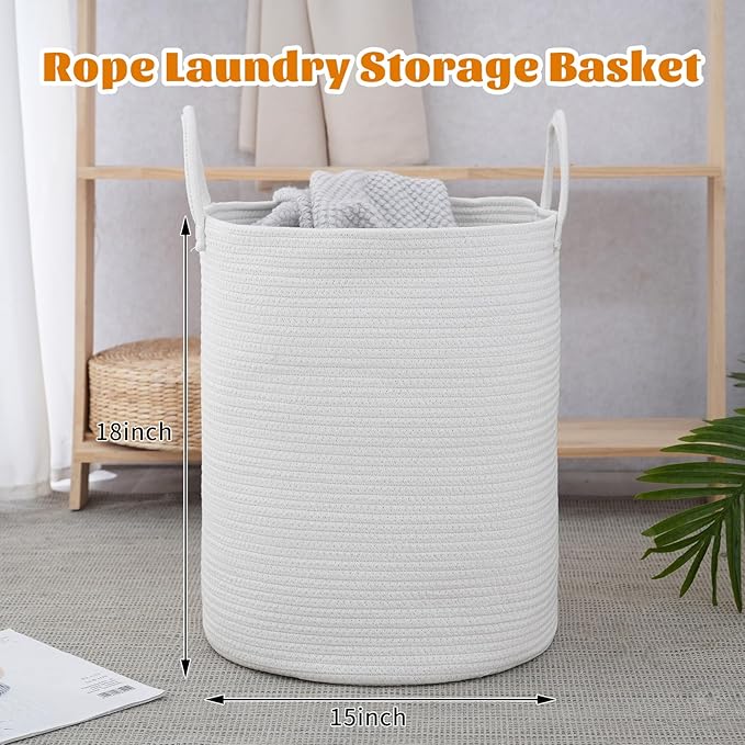 Woven Basket Nursery Laundry Hamper with Handles, Clothes Storage Organizer, Woven Basket for Boy Room Decor, Toy & Blanket Storage Bin, 15x15x18 Inch, White, 1pc