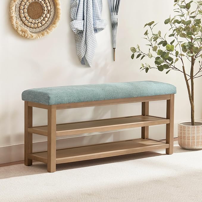 Shoe Rack Bench with Cushion, 2 Tier Solid Wood Storage Bench, Mid-Century Modern Shoe Bench for Entryway, Hallway, Closet, Front Door Entrance, Foyer (Teal, 46.5")