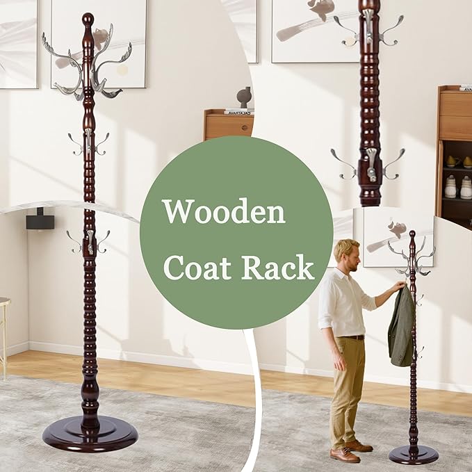 Coat Rack Freestanding,Solid Wooden Coat Rack Stand with 3 Height Options,14 Hooks, Natural Birch Coat Tree Easy to assemble for Clothes Jacket Hat bag Entryway (mahogany) (Nostalgic)