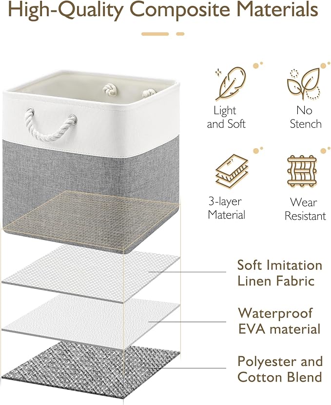 13x13x13 Cube Storage Bins,4 Pack Large Foldable Fabric Storage Cubes with Handles for Organizing Home, Closet, Shelf, Office(White&Gray)
