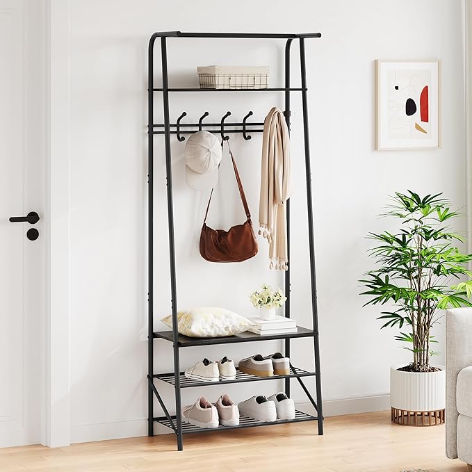Coat Rack Shoe Bench with Single-Row 5 Hooks 60cm Width, 3-Tier Shelf Entryway Hall Tree with Storage, Metal Frame Multifunctional Organizer, 4-in-1 Coat Rack for Bathroom, Hallway.Black.