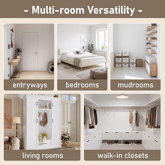 85.2''H Hall Tree with Bench and 3 Hooks, Modern Large Hall Tree with 5 Drawers and Adjustable Shelves, Entryway Storage Organizer Cabinet with 4 Doors for Hallway, Living Room (White/509)