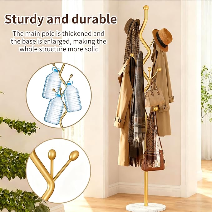 68.9 Inch Tall Modern Coat Rack,Gold Freestanding coat Rack Tree,Heavy-Duty Metal Coat Rack Stand with Sturdy Marble Base for Entryway,Hallway,Bedroom,Holds Coats Hats Bags Scarves
