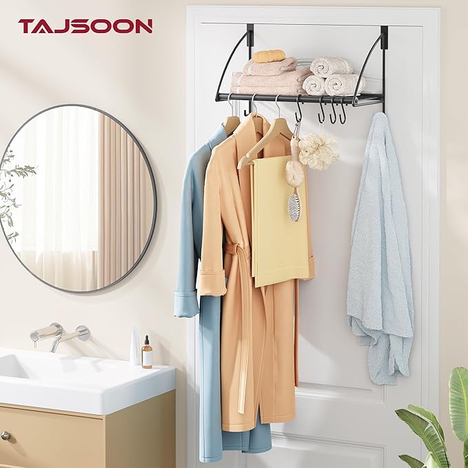 Tajsoon Over The Door Hanger with Storage Rack and 6 Hooks, Over The Door Clothes Racks for Hanging Coat, Door Rack Hanger for Bathroom, Bedroom, Living Room, Black